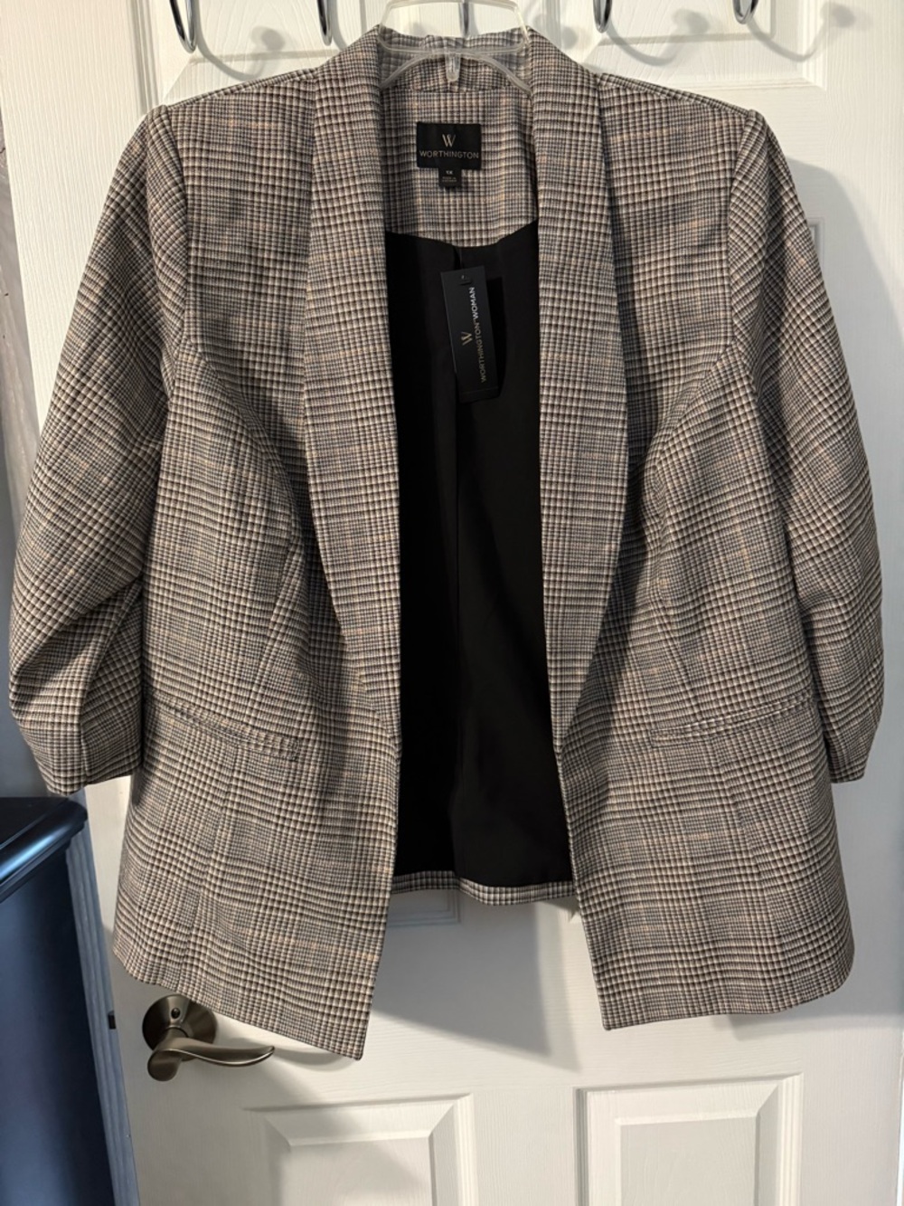 Worthington Glen Plaid Open-Front Blazer - Black, Gray, Cream